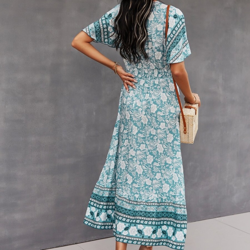 Boho Yellow Floral Print Butterfly Sleeve Midi Dress Cottagecore - Picture 13 of 13